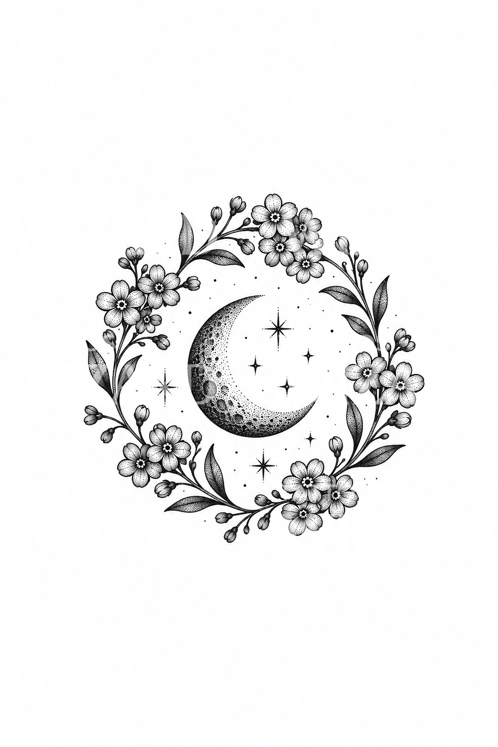 Forget Me Not Moon Wreath Tattoo Design