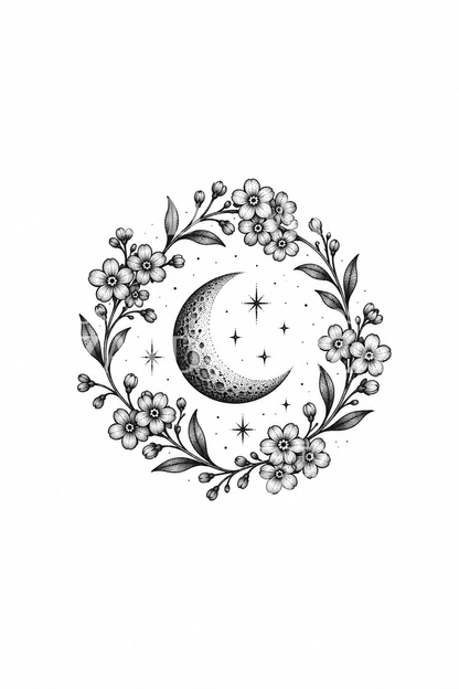 Forget Me Not Moon Wreath Tattoo Design