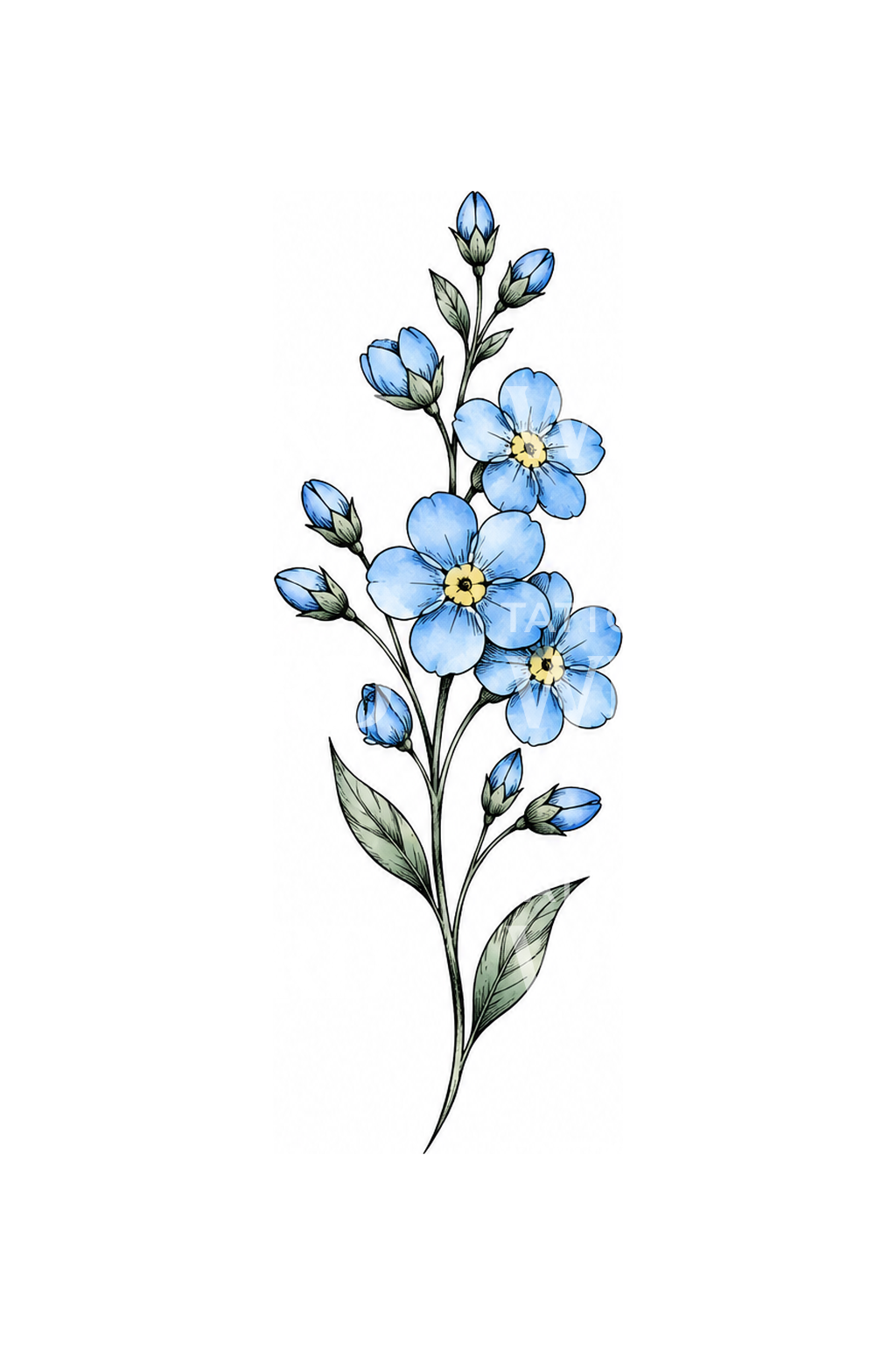Tato Ranting Bunga Forget Me Not dengan Sketsa Sapuan Biru