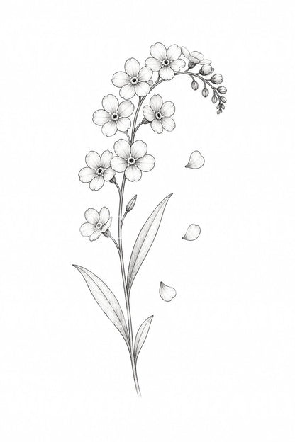 Forget Me Not Sprig Fine Line Tattoo Design