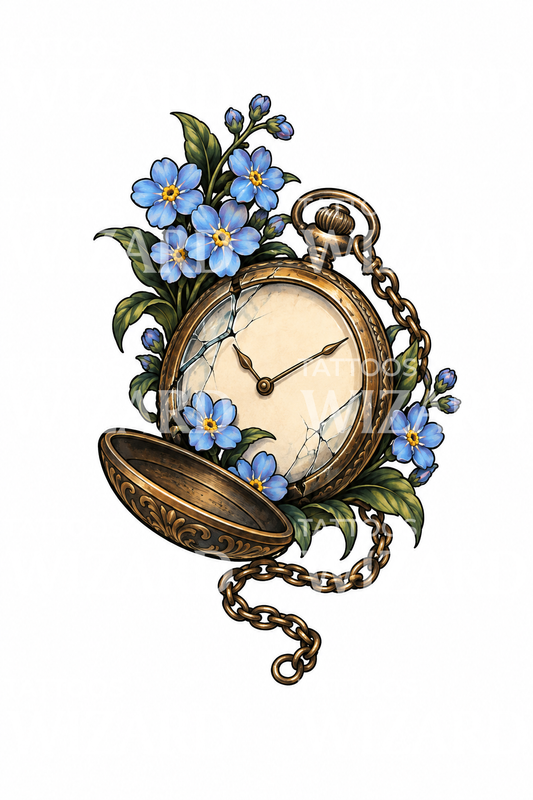 Tatuaje de nomeolvides creciendo de un reloj de bolsillo agrietado