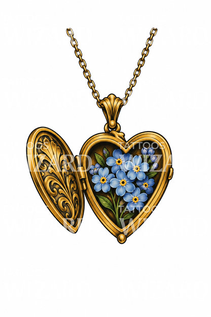 Tatouage de myosotis dans un médaillon cœur