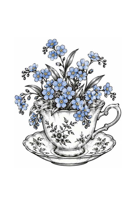 Tatouage esquissé de myosotis dans une tasse