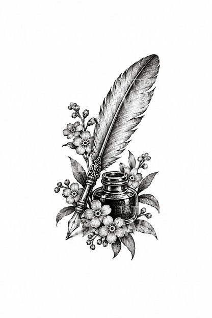 Tatuaggio con non ti scordar di me, penna d’oca e calamaio