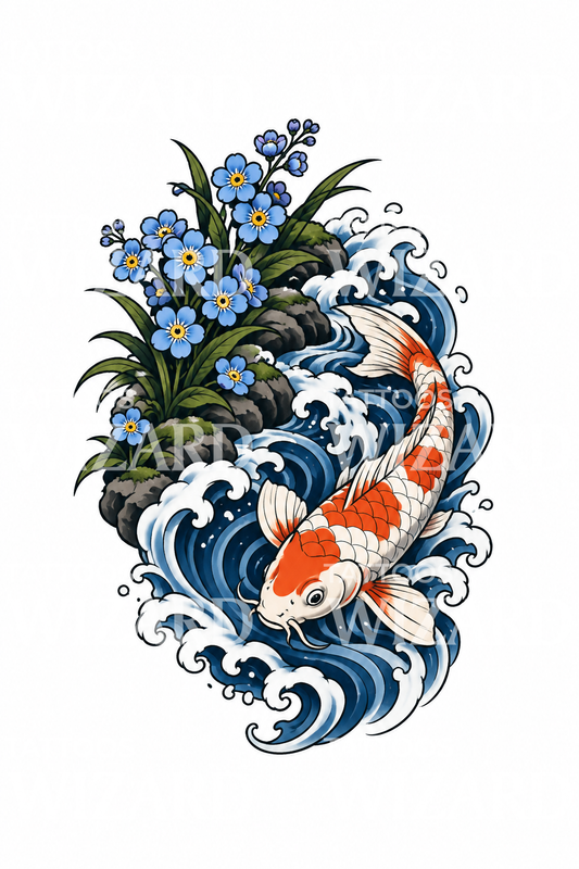 Forget Me Nots with Koi in Japanese Stream Tattoo