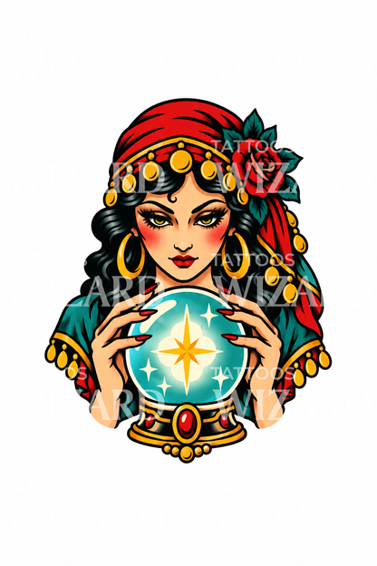 Tatouage voyante avec boule de cristal
