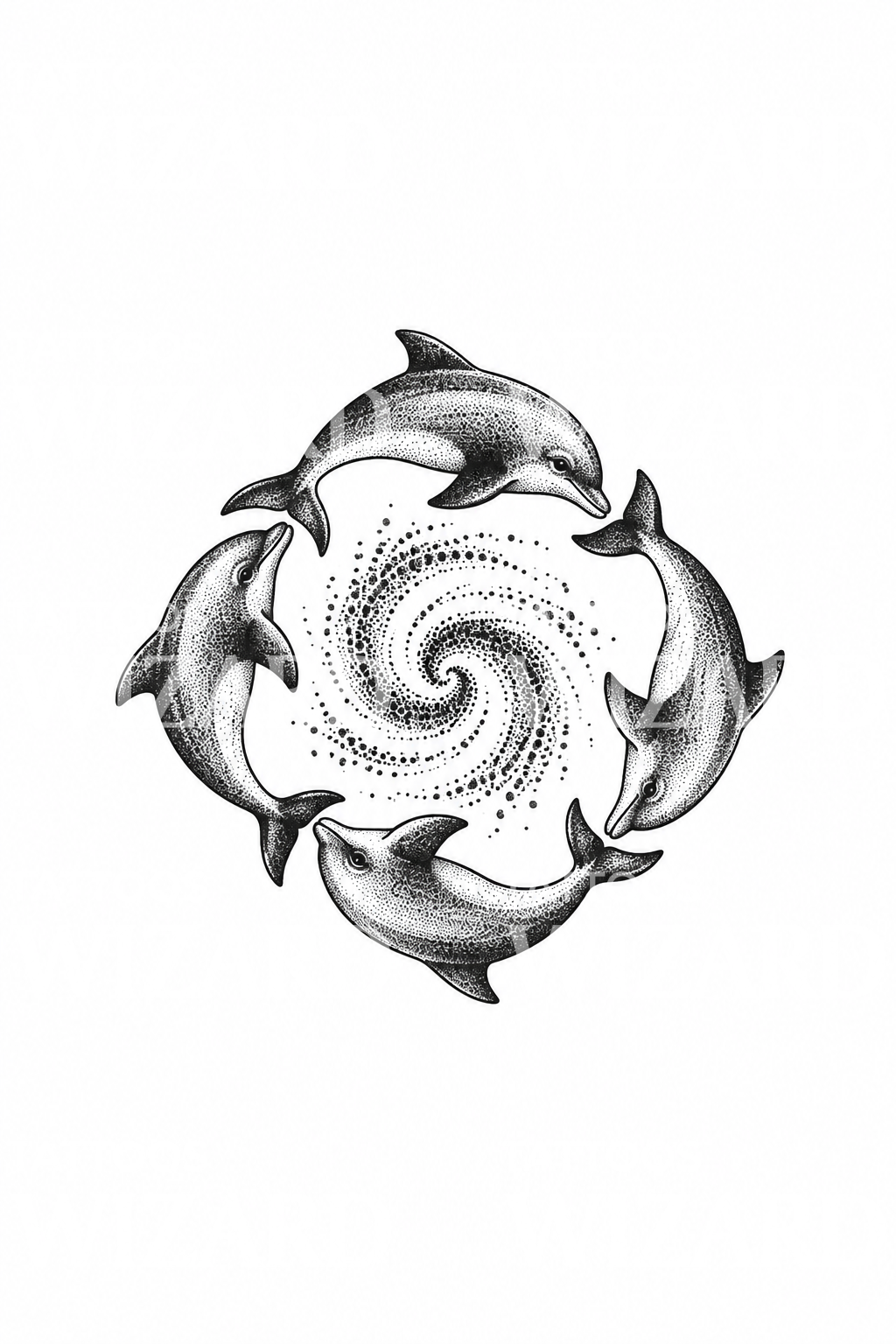 Dotwork tetování čtyř delfínů v kruhu