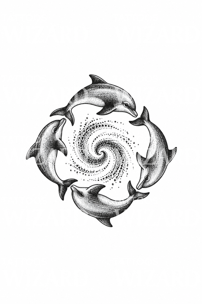 Dotwork tetování čtyř delfínů v kruhu