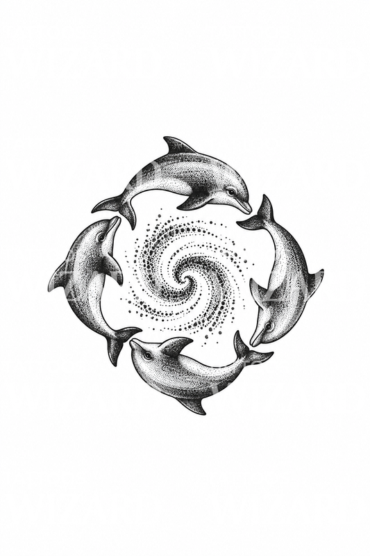 Four Dolphins Circling Dotwork Tattoo
