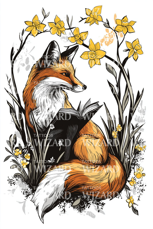 Fox and Daffodils Tattoo Illustration