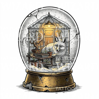 Fox Greenhouse Snowglobe Tattoo Design