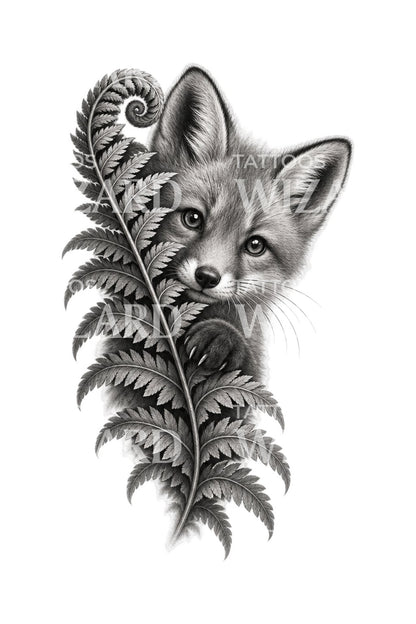 Fox Peeking Behind Fern Tattoo Illustration