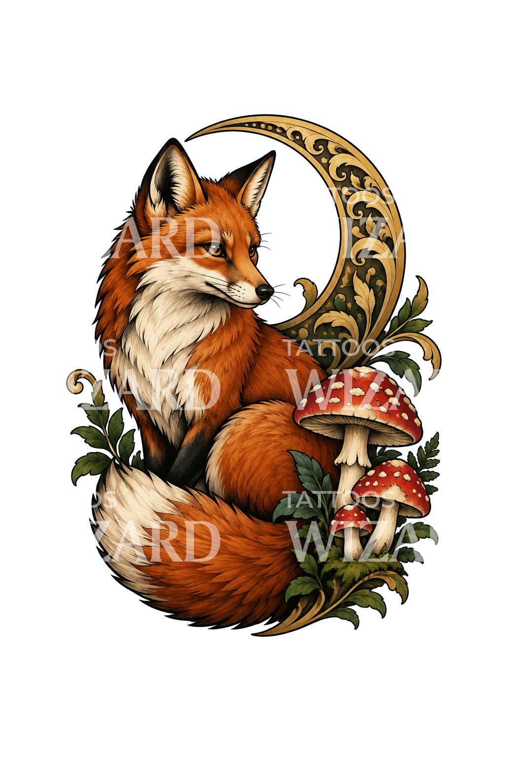 Fox with Toadstools and Gold Crescent Tattoo Illustration