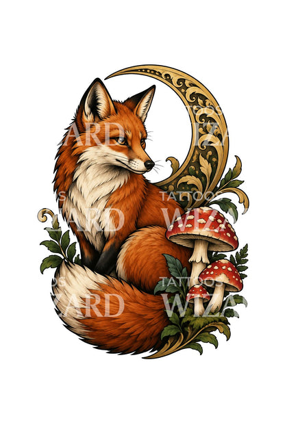 Fox with Toadstools and Gold Crescent Tattoo Illustration