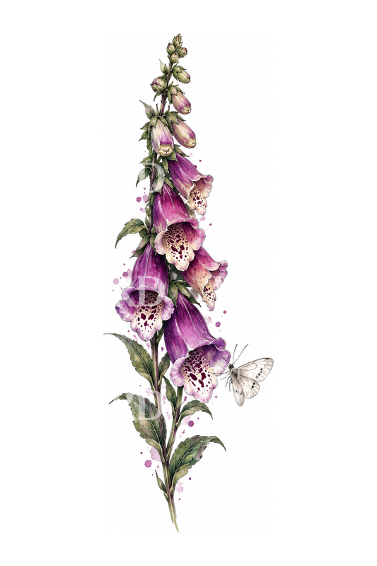 Foxglove with White Moth Watercolor Tattoo