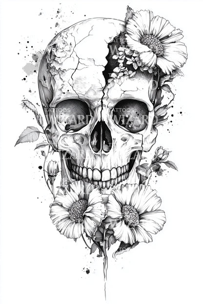 Fractured Skull Daisy Tattoo Design