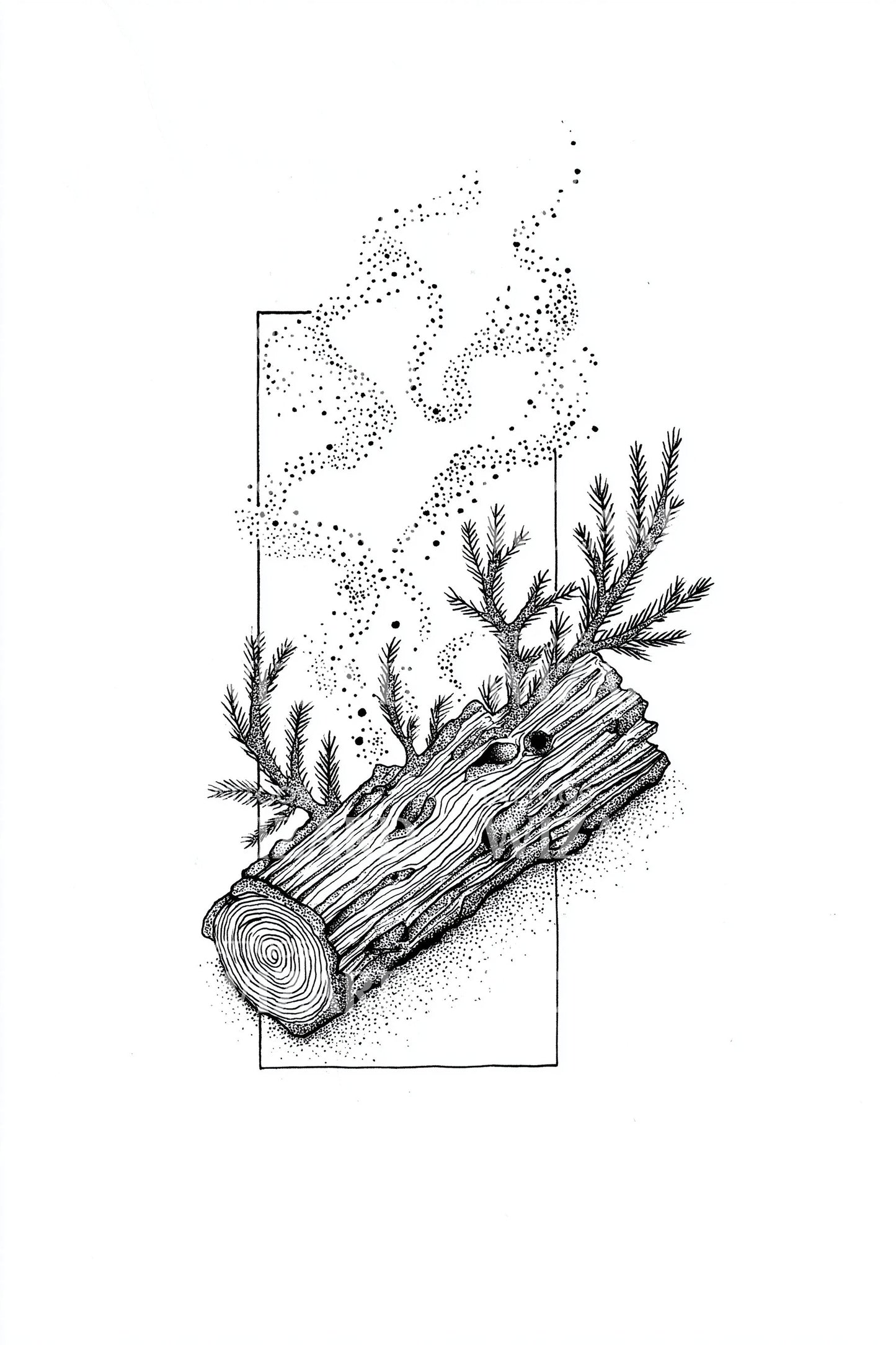 Framed Winter Log Branch Tattoo Illustration