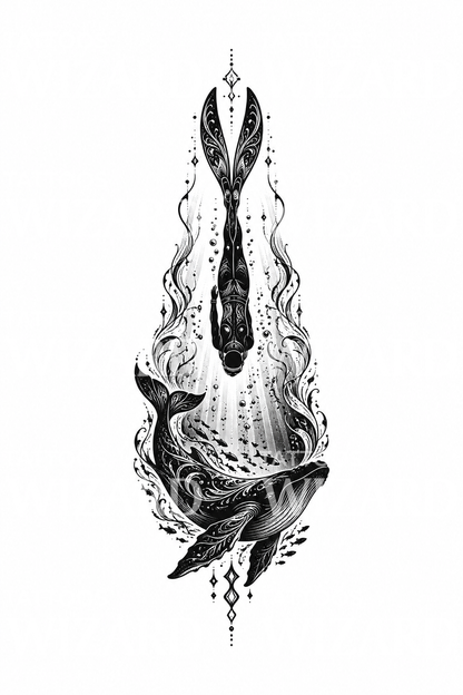 Freediver and Whale Deep Dive Tattoo Illustration – Tattoos Wizard Designs