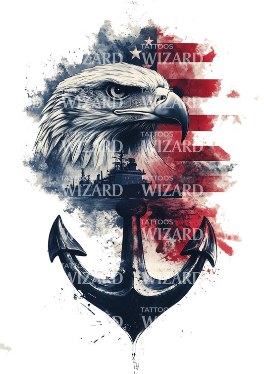 Freedom Eagle and Military Ship Tattoo Design