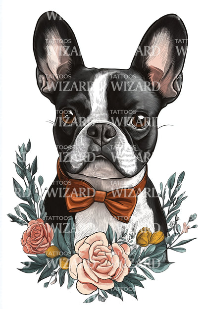 French Bulldog Floral Tattoo Design