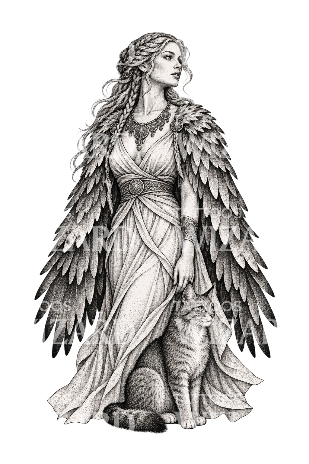 Tattoo-ontwerp Freyja, godin met valkenmantel
