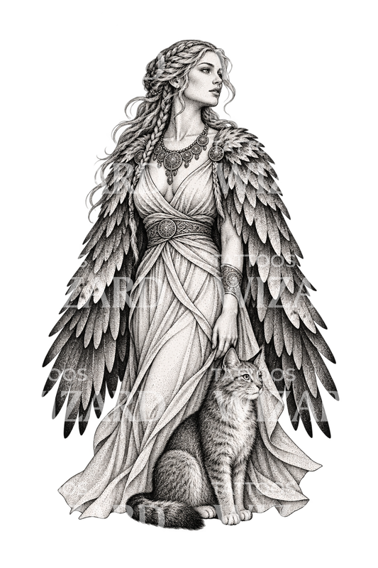 Tatouage de Freyja, déesse au manteau de faucon