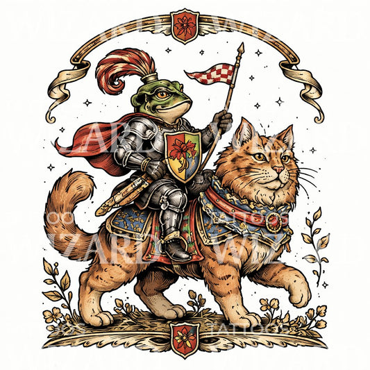 Frog Knight Cat Tattoo Illustration