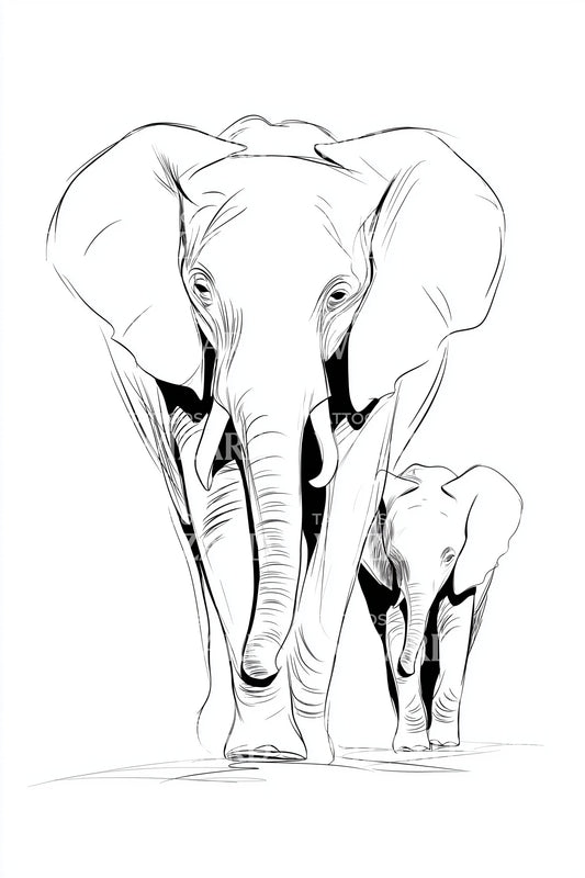 Front Facing Elephant with Calf Tattoo Design