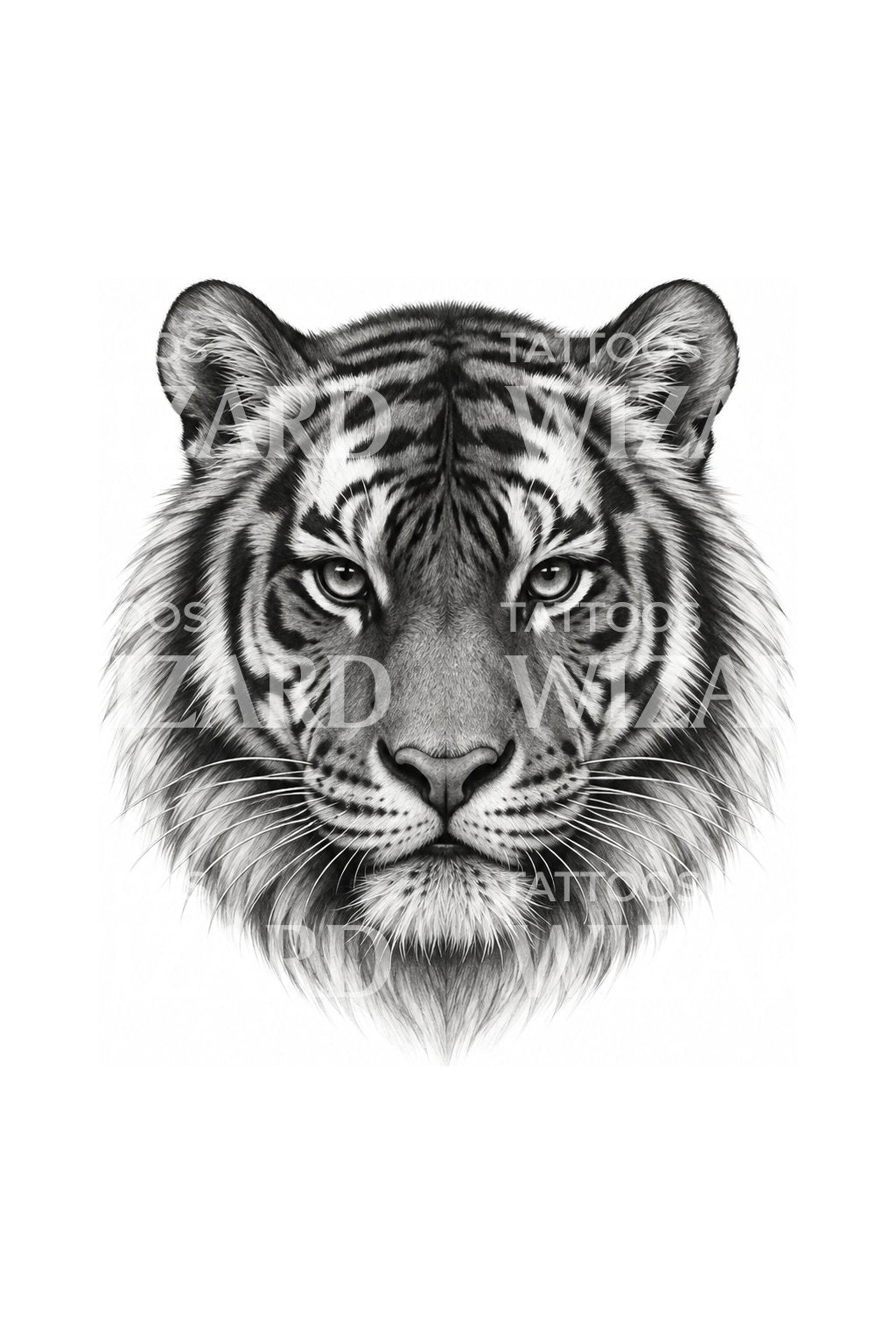Tattoo-Design eines Tigers von vorn mit durchdringendem Blick