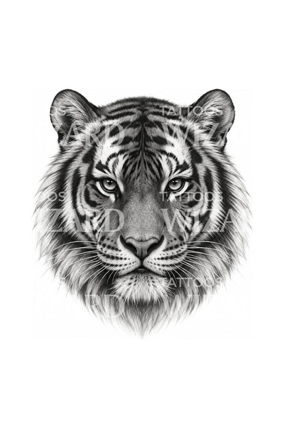 Tattoo-Design eines Tigers von vorn mit durchdringendem Blick
