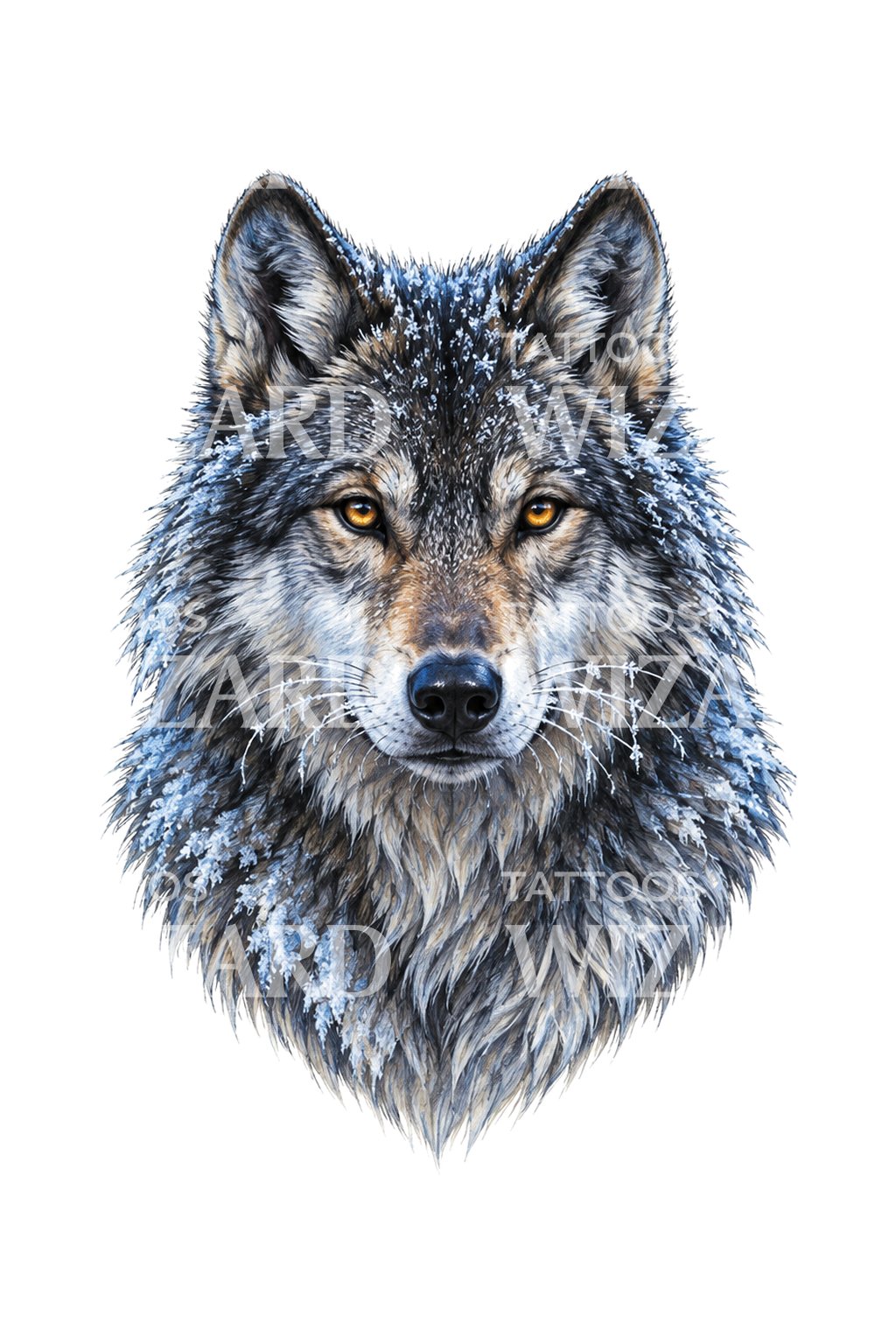 Illustrazione per tatuaggio di lupo grigio dai baffi brinati all’alba