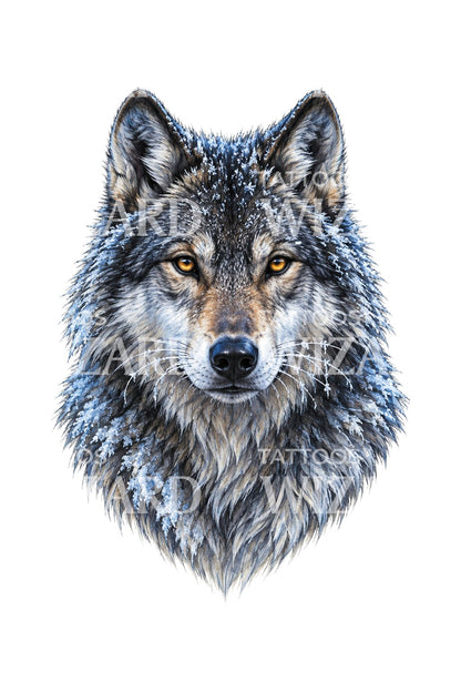 Illustrazione per tatuaggio di lupo grigio dai baffi brinati all’alba