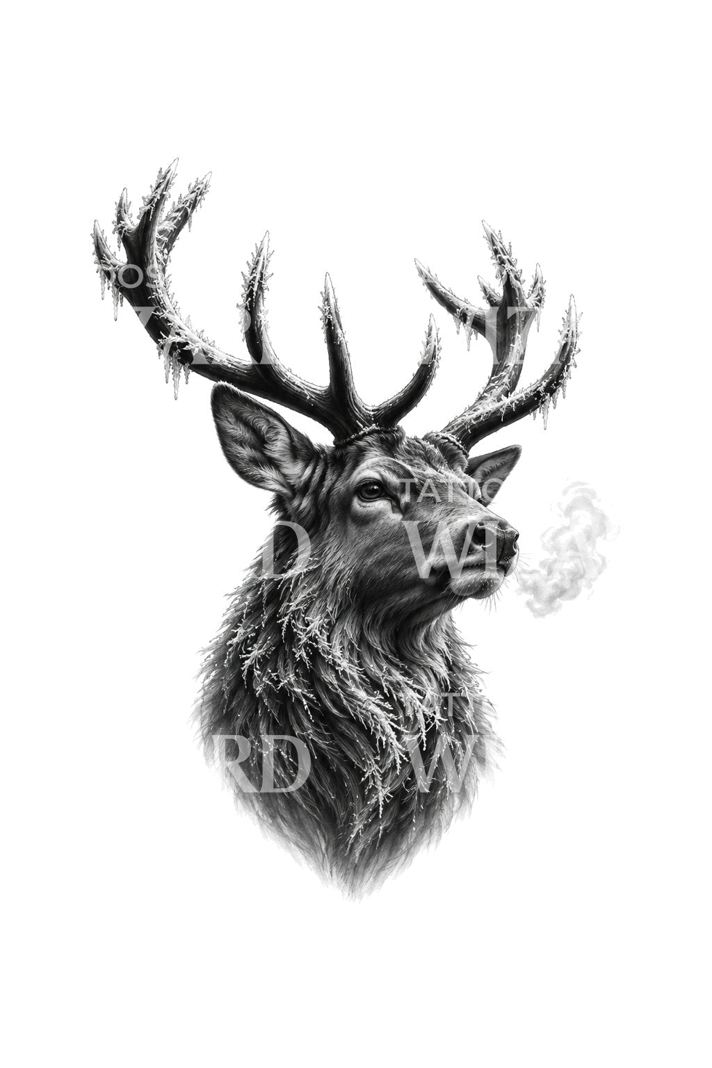 Frosted Antler Stag Breath Mist Tattoo Illustration