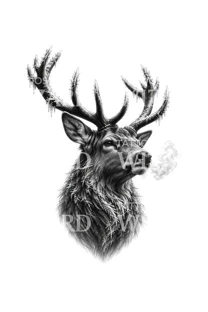 Frosted Antler Stag Breath Mist Tattoo Illustration