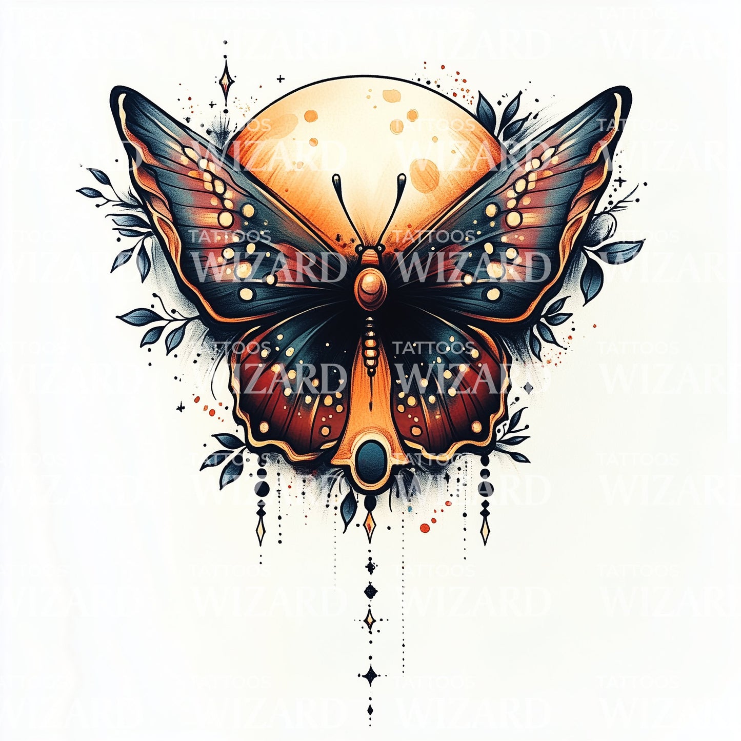 Full Moon and Butterfly Tattoo Design