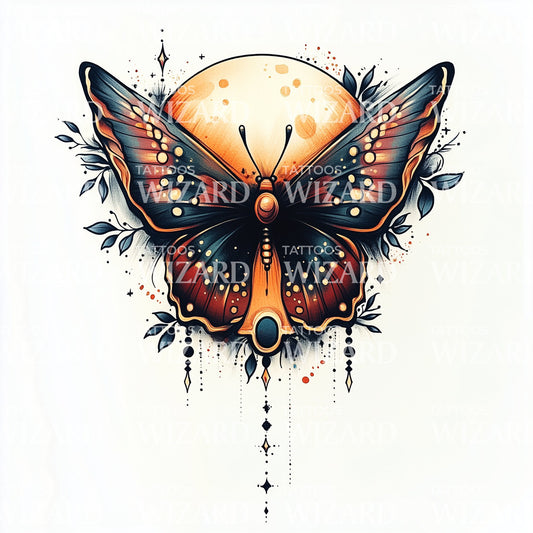 Full Moon and Butterfly Tattoo Design