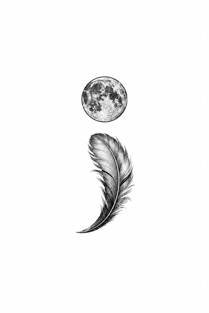 Full Moon and Feather Semicolon Dotwork Tattoo