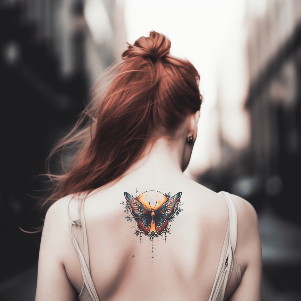 Full Moon and Butterfly Tattoo Design