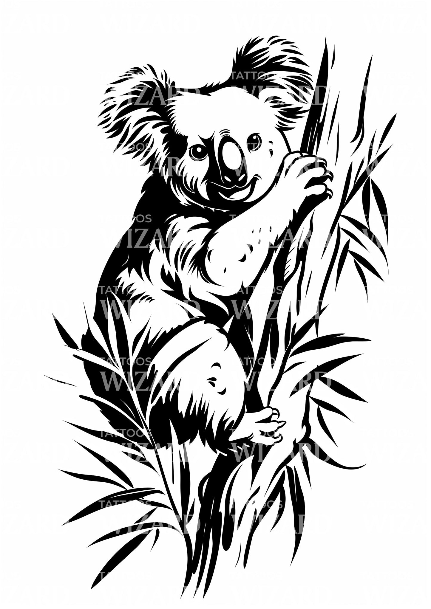 Funny Koala Climbing Tree Tattoo Design