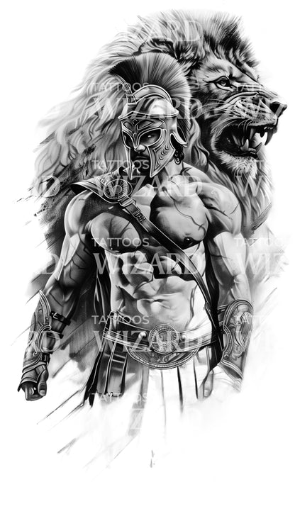 Furious Roman Warrior With Lion Heart Tattoo