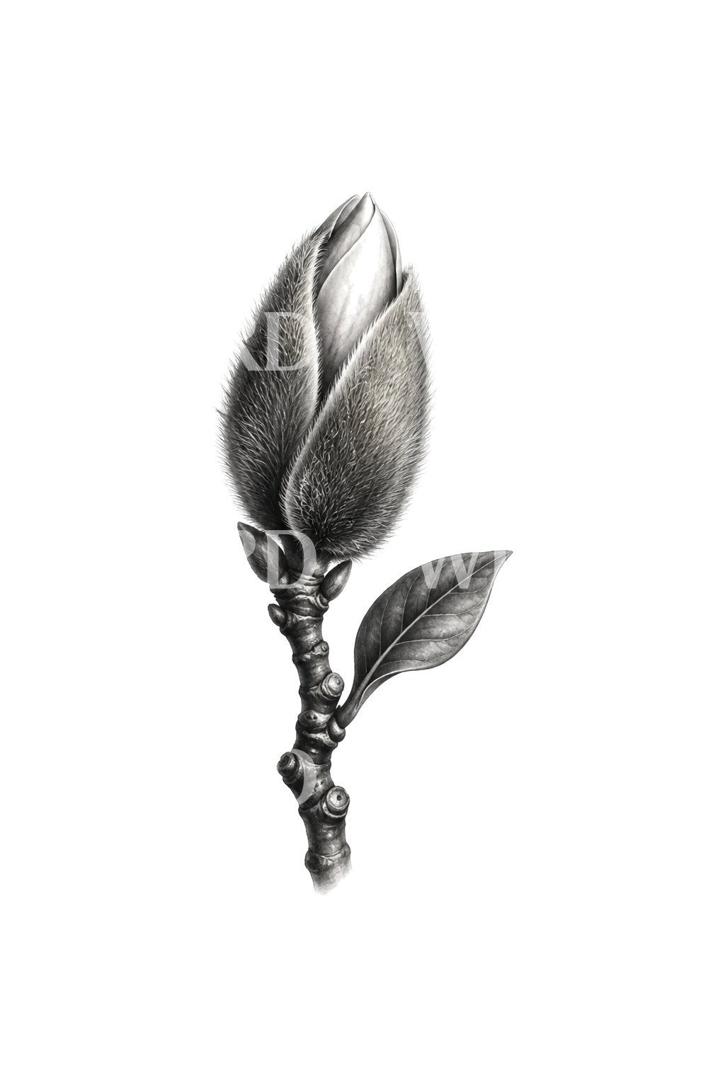 Magnoliaknopp med dun, svart og grå tatoveringsillustrasjon