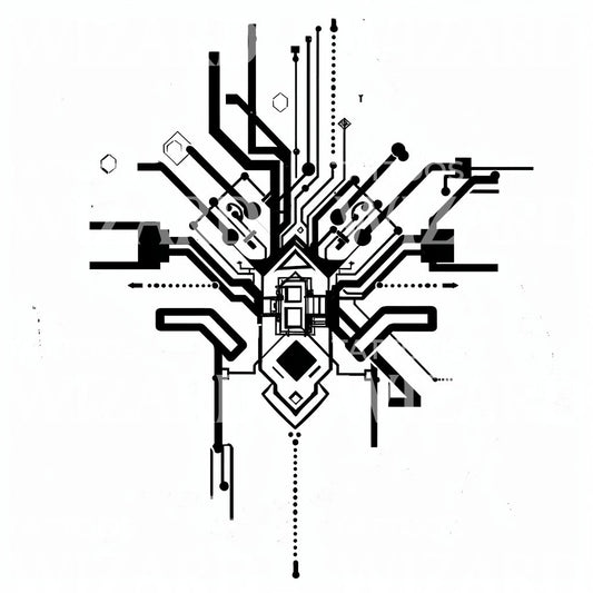 Futuristic Circuit Board Fusion Tattoo Design