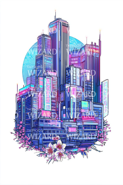 Futuristisk Neon Metropol Tatuering Design