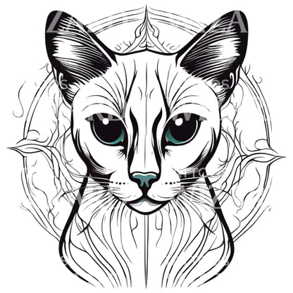 Siamese Cat Head with Patterns Circle Tattoo Design
