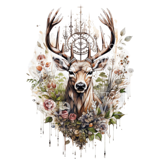 Illustrative Deer Portrait and Flowers Tattoo Design