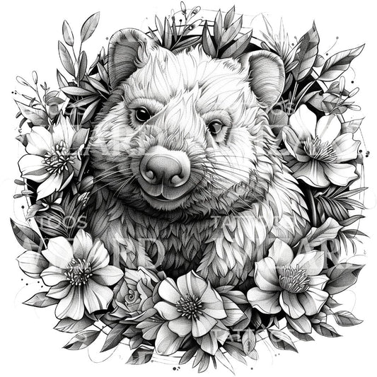 Smiling Wombat with Flowers Tattoo Design