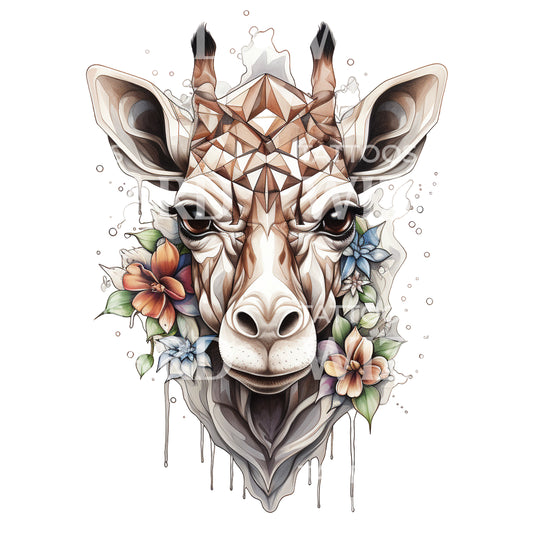 Illustrative Giraffe with Flowers Tattoo Design