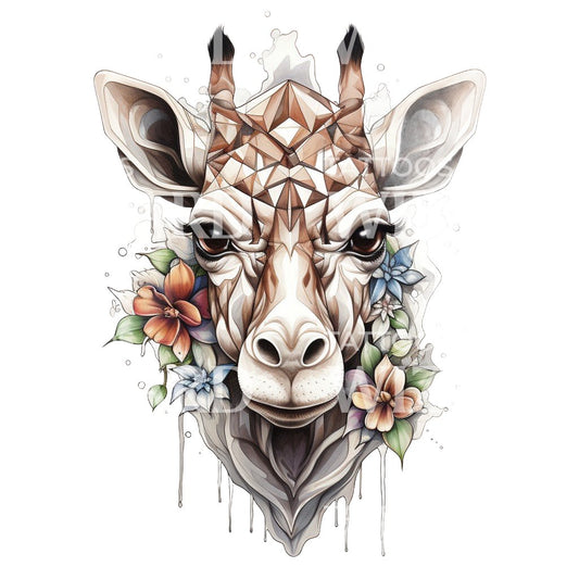 Illustrative Giraffe with Flowers Tattoo Design