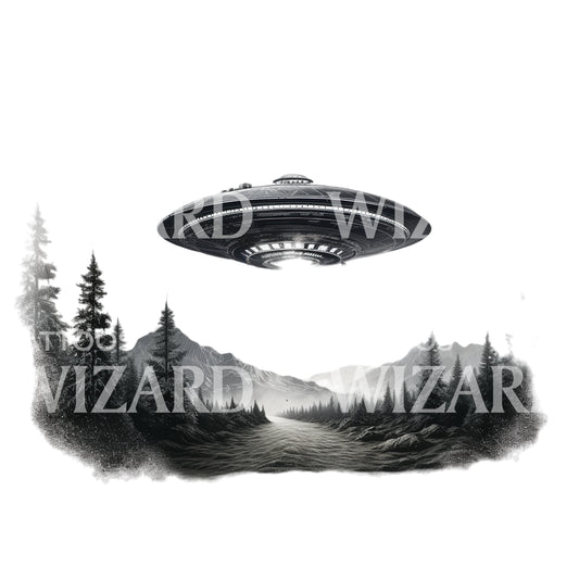 UFO über Landschaft Dotwork Tattoo Design