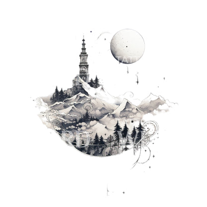 Dotwork Mountain Landscape Nature Tattoo Design